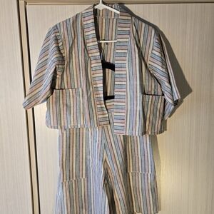 Striped Two-Piece Jacket and Pants Set - Pastel Multi